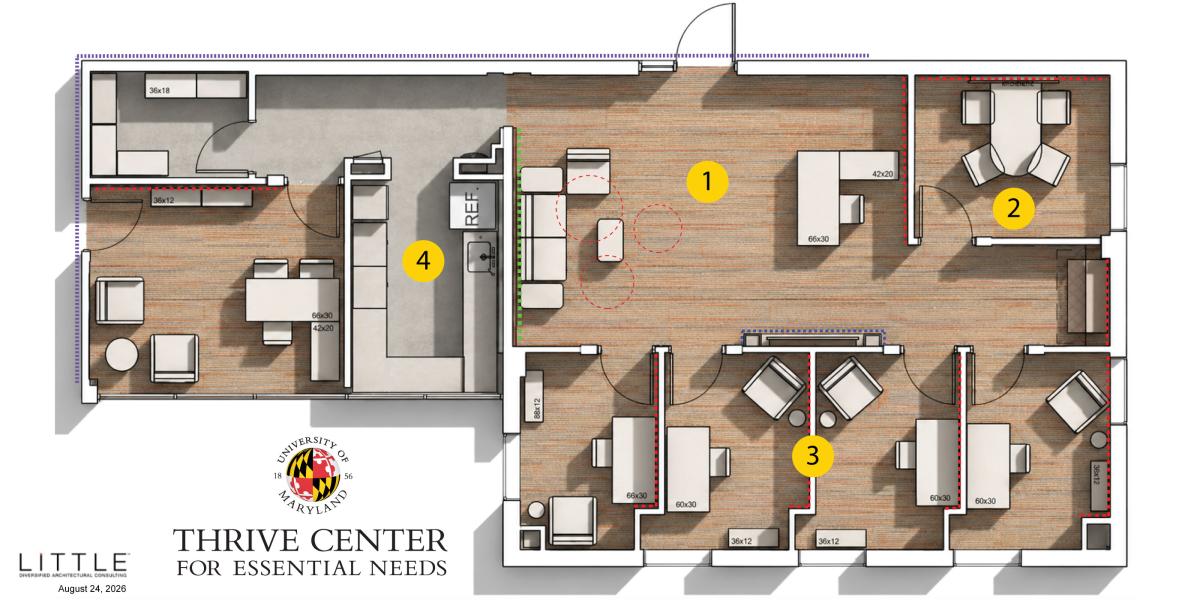 Thrive Center floor plan with numbers 1 through 4 overlayed to show how the spaces are divided up as explained in the section above.