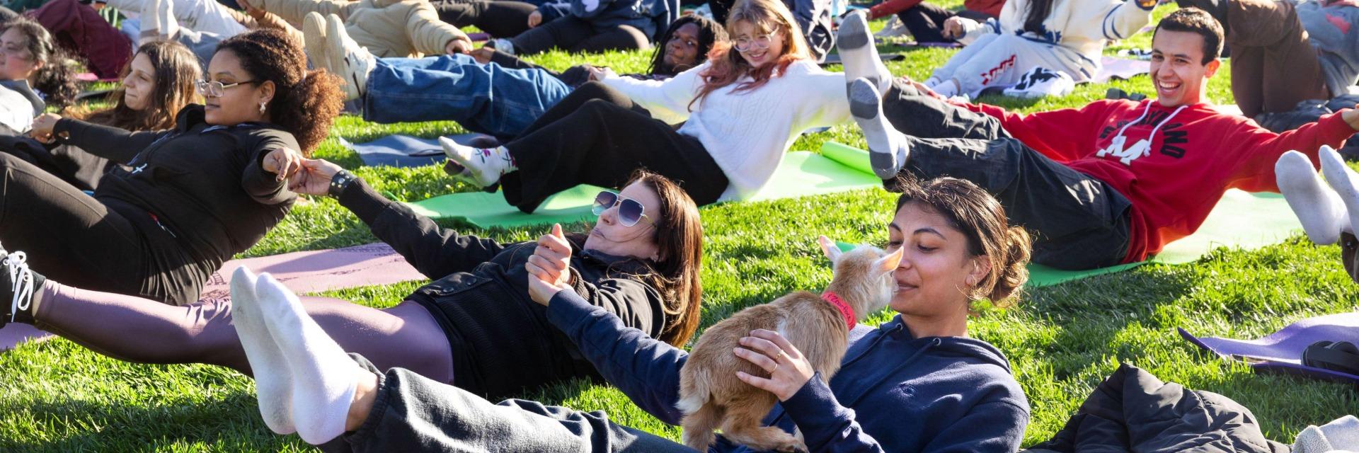 A baby goat kisses a student during Goat Yoga on McKeldin Mall as other students smile and hold a pose.