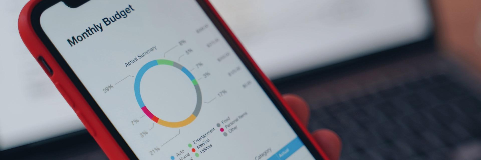 Person holding an iPhone open to a monthly budgeting app.